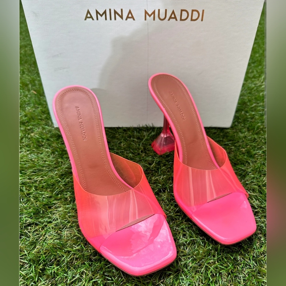 Amina Muaddi Pink Heels with Square-Toe Design